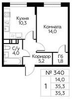 Планировка однокомнатной(квартира) площадью 35.3 квадратных метров в “ЖК Цветочные Поляны Сити”
