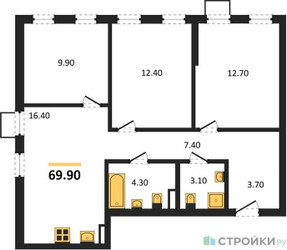 Планировка трехкомнатной(квартира) площадью 69.9 квадратных метров в ЖК “ЖК Деснаречье”