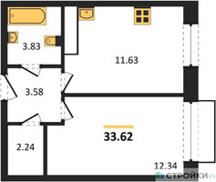 Планировка однокомнатной(квартира) площадью 33.62 квадратных метров в “ЖК Новоград Павлино”