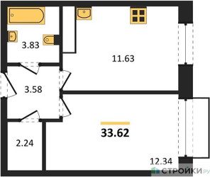 Планировка однокомнатной(квартира) площадью 33.62 квадратных метров в ЖК “ЖК Новоград Павлино”