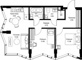 Планировка двухкомнатной(квартира) площадью 56.24 квадратных метров в “Дом премиум-класса МИРА”