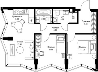 Планировка двухкомнатной(квартира) площадью 56.24 квадратных метров в ЖК “Дом премиум-класса МИРА”