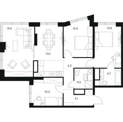 Планировка 4+ комнатной(квартира) площадью 93.5 квадратных метров в ЖК “ЖК Нексус от Аквилон”