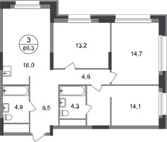Планировка трехкомнатной(квартира) площадью 80.3 квадратных метров в “ЖК Первый Московский”