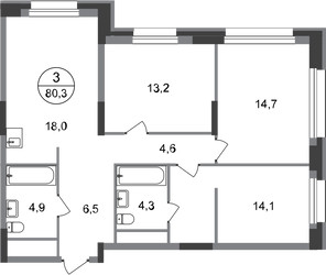 Планировка трехкомнатной(квартира) площадью 80.3 квадратных метров в ЖК “ЖК Первый Московский”