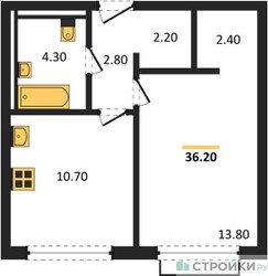 Планировка однокомнатной(апартаменты) площадью 36.2 квадратных метров в ЖК “ЖК Равновесие”