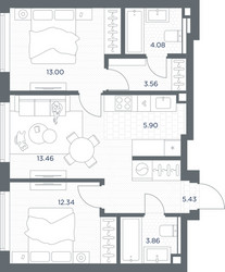 Планировка двухкомнатной(квартира) площадью 61.66 квадратных метров в ЖК “ЖК TATE (Тэйт)”