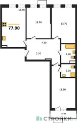 Планировка трехкомнатной(квартира) площадью 77.9 квадратных метров в ЖК “ЖК Прокшино”