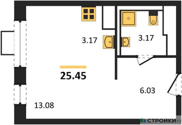 Планировка студии(квартира) площадью 25.45 квадратных метров в ЖК “ЖК Прибрежный Парк”