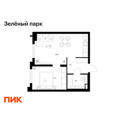 Планировка однокомнатной(квартира) площадью 40.4 квадратных метров в ЖК “ЖК Зеленый парк”
