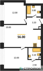 Планировка двухкомнатной(квартира) площадью 56 квадратных метров в ЖК “ЖК Ракурс”
