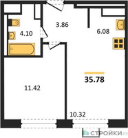 Планировка однокомнатной(квартира) площадью 35.5 квадратных метров в “ЖК Алхимово”