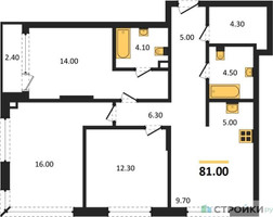 Планировка трехкомнатной(квартира) площадью 81.9 квадратных метров в “ЖК АЛИА”