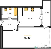 Планировка однокомнатной(квартира) площадью 44.9 квадратных метров в “ЖК VERY на Миклухо-Маклая (Вери на Миклухо-Маклая)”