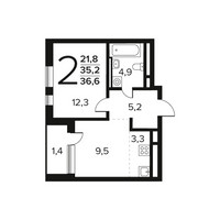 Планировка двухкомнатной(квартира) площадью 36.6 квадратных метров в “Новые Ватутинки. Заречный”