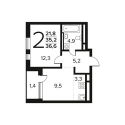 Планировка двухкомнатной(квартира) площадью 36.6 квадратных метров в ЖК “Новые Ватутинки. Заречный”