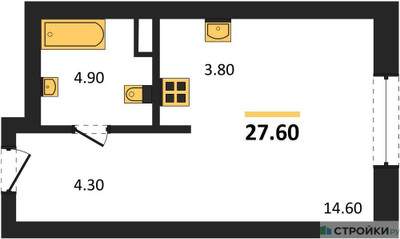 Планировка студии(квартира) площадью 27.6 квадратных метров в ЖК “ЖК Родина Переделкино”