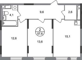 Планировка двухкомнатной(квартира) площадью 57.6 квадратных метров в ЖК “ЖК Переделкино Ближнее”