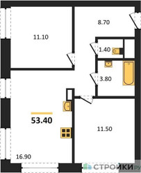 Планировка двухкомнатной(квартира) площадью 53.4 квадратных метров в ЖК “ЖК Обручева 30”