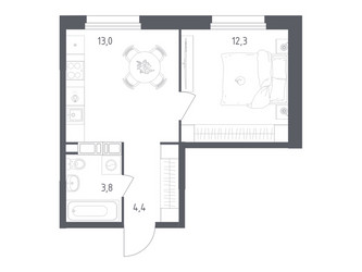 Планировка однокомнатной(квартира) площадью 33.5 квадратных метров в ЖК “ЖК Ольховый Квартал”