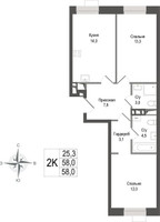 Планировка двухкомнатной(квартира) площадью 58 квадратных метров в “ЖК КИНОКВАРТАЛ”