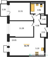 Планировка двухкомнатной(квартира) площадью 53.79 квадратных метров в “ЖК Егорово Парк”