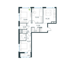 Планировка трехкомнатной(квартира) площадью 79.8 квадратных метров в “ЖК Level Лесной”