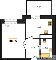 Планировка однокомнатной(квартира) площадью 38.35 квадратных метров в “ЖК ВОСТОК II”