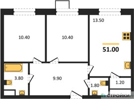 Планировка двухкомнатной(квартира) площадью 51 квадратных метров в “ЖК ЭкоБунино (Южное Бунино)”
