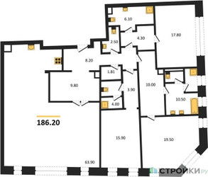 Планировка трехкомнатной(квартира) площадью 186.2 квадратных метров в ЖК “ЖК Nicole (Николь)”