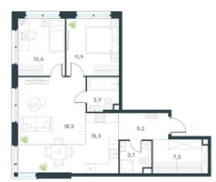 Планировка трехкомнатной(квартира) площадью 76.1 квадратных метров в “ЖК Level Селигерская”
