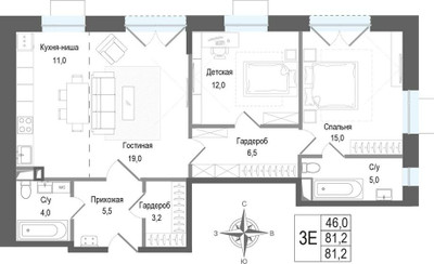 Планировка трехкомнатной(квартира) площадью 81.2 квадратных метров в ЖК “ЖК КИНОКВАРТАЛ”