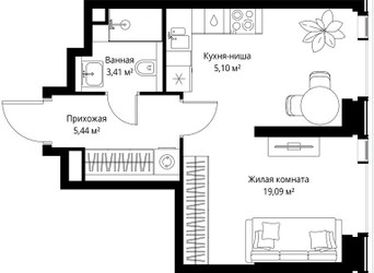 Планировка однокомнатной(квартира) площадью 33.04 квадратных метров в ЖК “Мультиквартал СИТИДЗЕН”