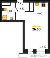 Планировка студии(квартира) площадью 26.5 квадратных метров в “ЖК Первый Московский”