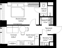 Планировка однокомнатной(квартира) площадью 38.16 квадратных метров в “ЖК Веер”