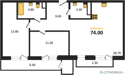 Планировка двухкомнатной(квартира) площадью 74 квадратных метров в ЖК “Отрада на реке”