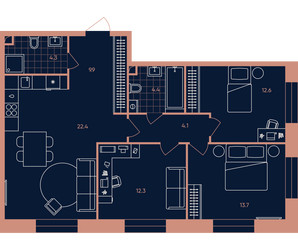 Планировка 4+ комнатной(квартира) площадью 83.7 квадратных метров в ЖК “ЖК Era (Эра)”