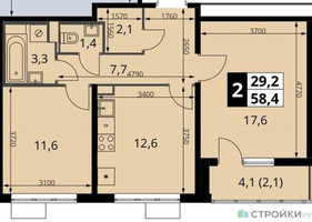 Планировка двухкомнатной(квартира) площадью 58.4 квадратных метров в “ЖК ЮЖНАЯ БИТЦА”