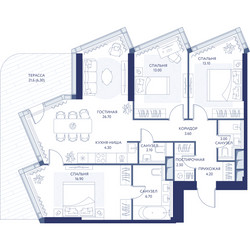 Планировка трехкомнатной(квартира) площадью 102.4 квадратных метров в ЖК “ЖК ХАЙДАУТ”