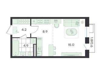 Планировка студии(квартира) площадью 33.6 квадратных метров в ЖК “ЖК G3 Театральный”