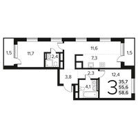 Планировка трехкомнатной(квартира) площадью 58.6 квадратных метров в “Новые Ватутинки. Заречный”
