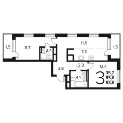 Планировка трехкомнатной(квартира) площадью 58.6 квадратных метров в ЖК “Новые Ватутинки. Заречный”