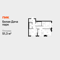 Планировка двухкомнатной(квартира) площадью 51.3 квадратных метров в ЖК “ЖК Белая Дача парк”