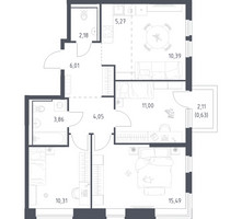 Планировка трехкомнатной(квартира) площадью 69.19 квадратных метров в “ЖК Пригород Лесное”