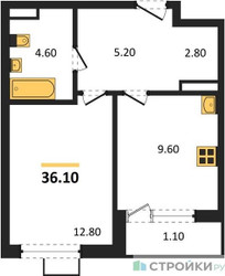 Планировка однокомнатной(квартира) площадью 36.1 квадратных метров в ЖК “ЖК Южные сады”