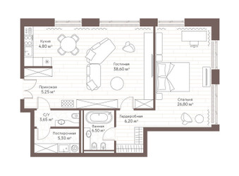 Планировка однокомнатной(квартира) площадью 96.85 квадратных метров в ЖК “Жилой дом Кло 17”