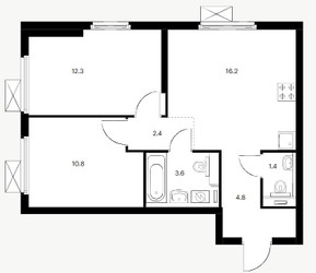 Планировка двухкомнатной(квартира) площадью 51 квадратных метров в ЖК “ЖК Сигнальный 16”