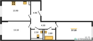 Планировка двухкомнатной(квартира) площадью 57.2 квадратных метров в “ЖК Молжаниново”