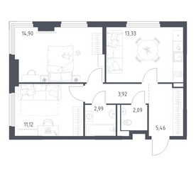 Планировка двухкомнатной(квартира) площадью 53.81 квадратных метров в ЖК “ЖК Пригород Лесное”