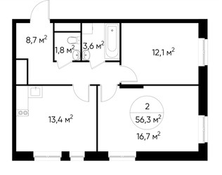 Планировка двухкомнатной(квартира) площадью 56.3 квадратных метров в ЖК “ЖК Первый Московский”
